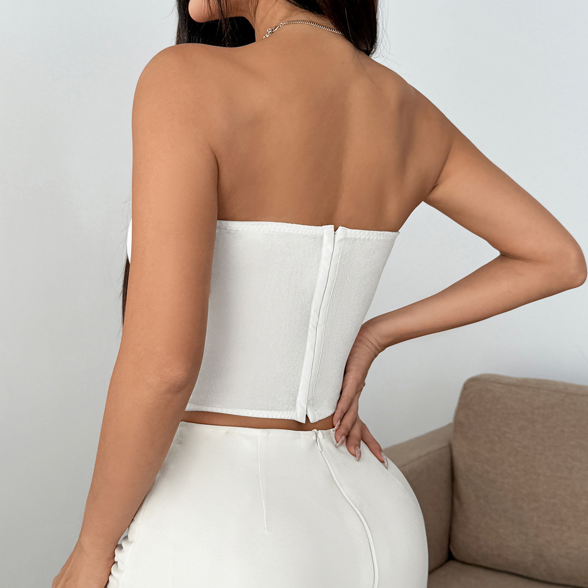 Lace Up Rhinestone Bustier Top Sexy Heart Cutout Strapless Fishbone Slim Corset